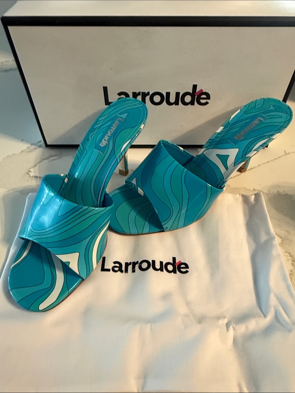 Larroude Turquoise Patterned Slide Mules